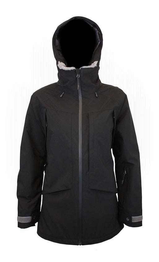 WHotCocoaJacket-Black winter jacket with a hood on a white background