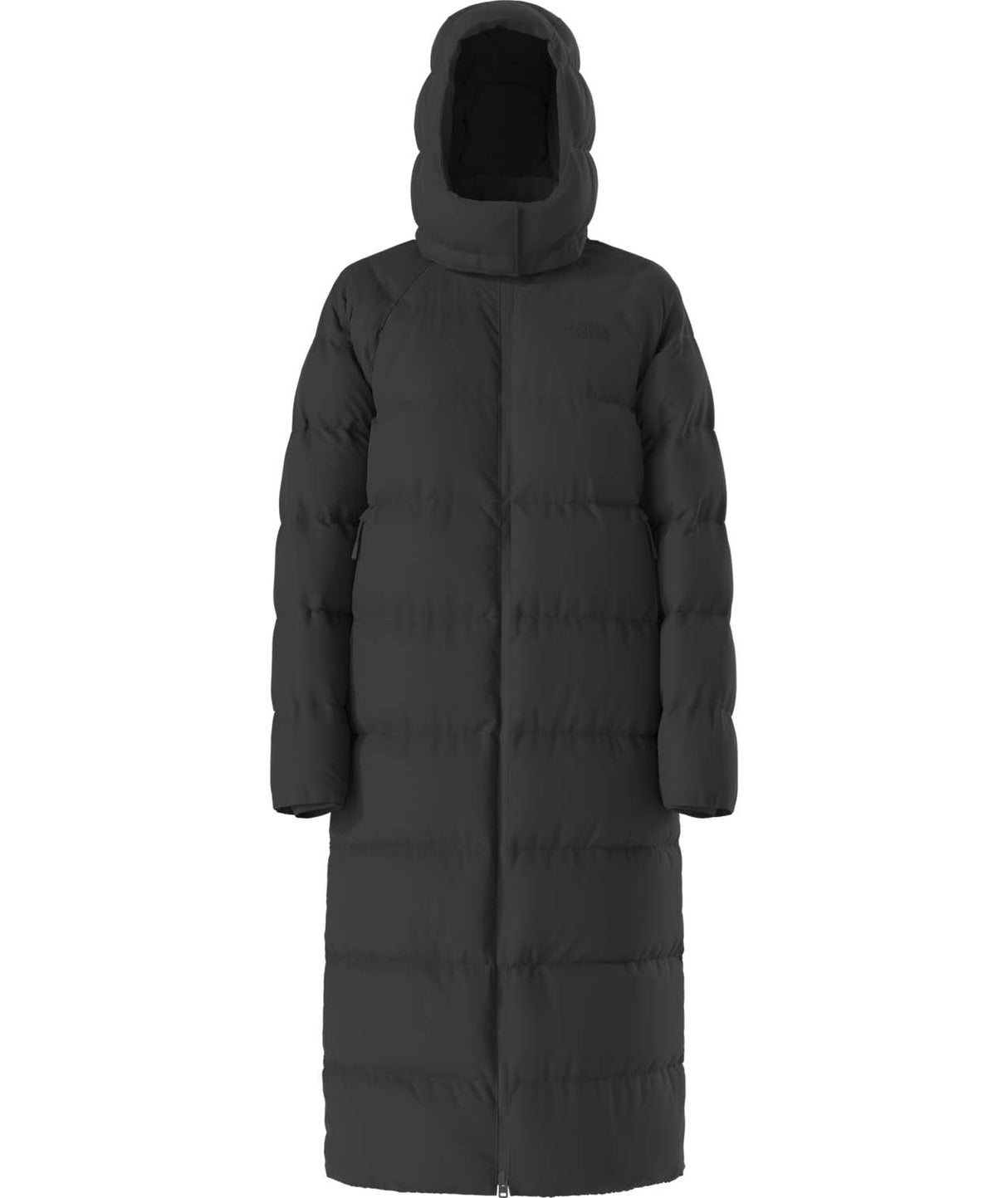 WHydrenaliteCityLongDownHoodedParka-Black puffer coat with a hood on a white background