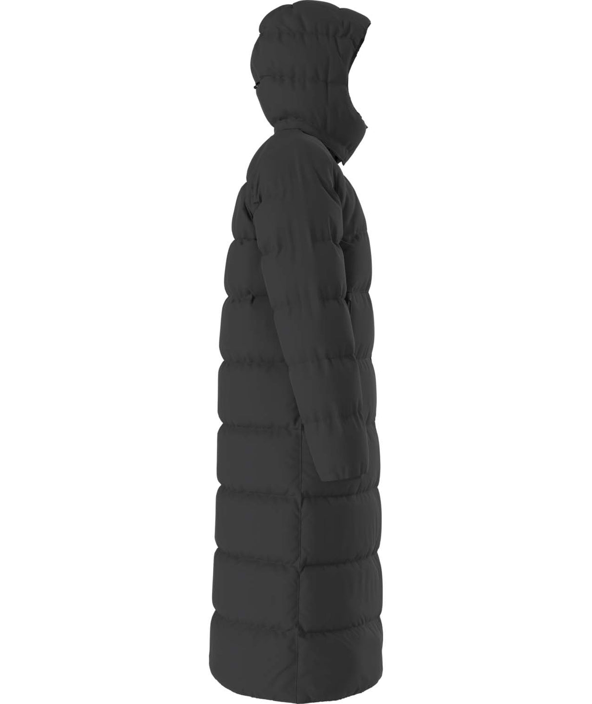 WHydrenaliteCityLongDownHoodedParka-Black puffer coat with a hood on a white background