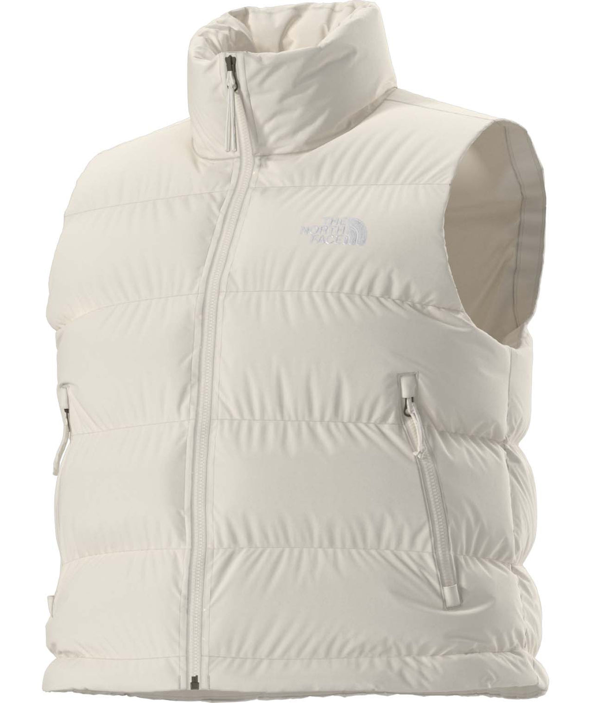 WHydrenaliteDownA-LineVest-White puffer vest with The North Face logo on a white background