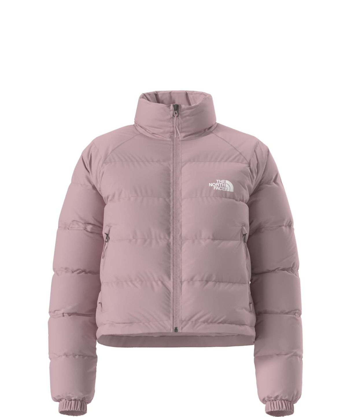 WHydrenaliteDownJacket-Pink puffer jacket with The North Face logo on a white background