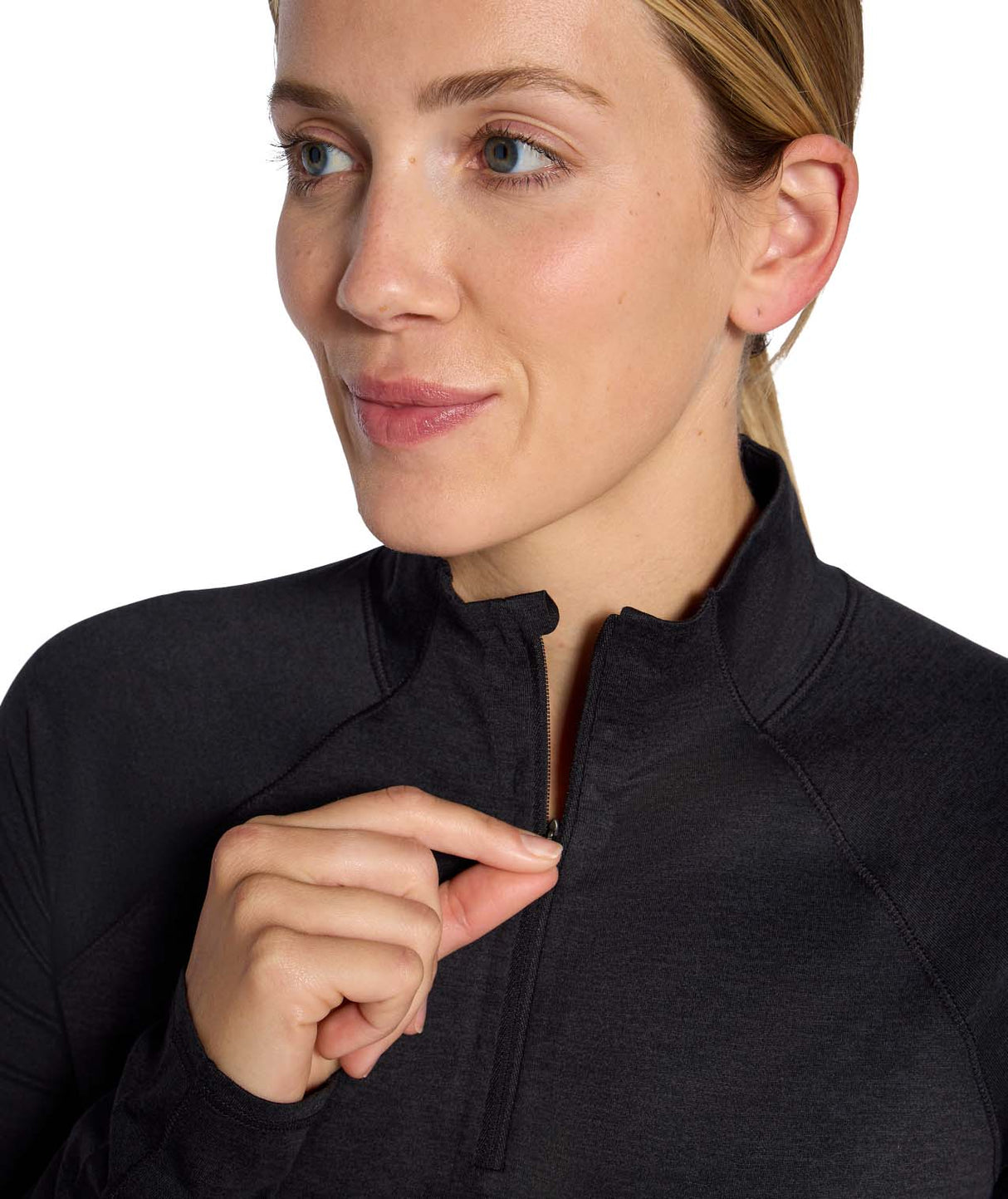 WJaida1_4Zip- Womans wearing a black long-sleeve quarter zip shirt on a white background