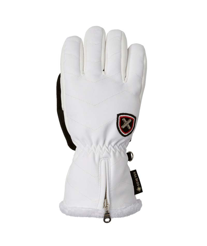 WLotteGlove-A single white winter glove with black trim, a zippered wrist, and a small shield logo patch, shown against a plain white background.
