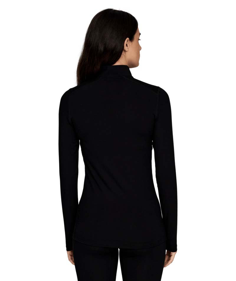 WMidweight1_4Zip-Woman wearing a black long-sleeve athletic top on a white background