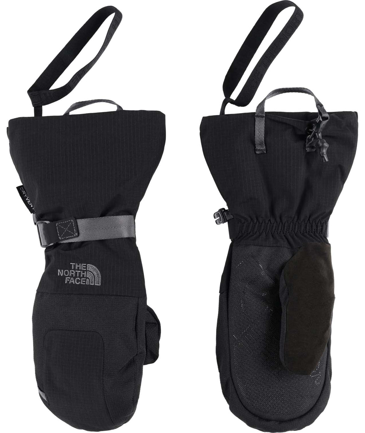 WMontanaMitt-Black mittens with The North Face logo on a white background