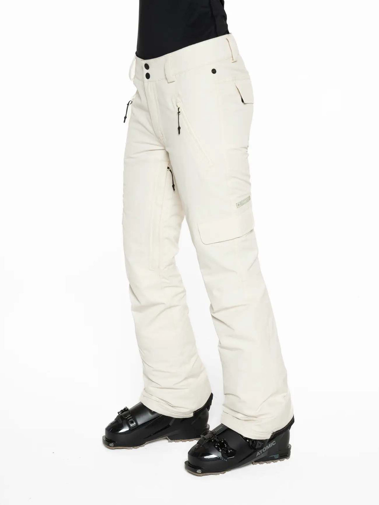 WMula2LInsulatedPant-White ski pants worn by a person on a white background