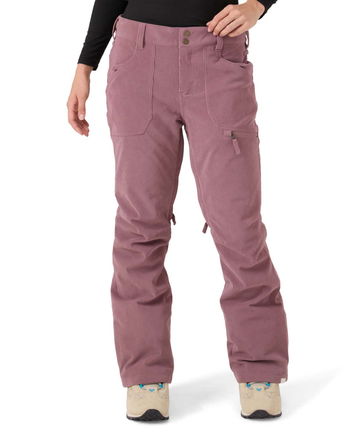 WNadiaPant- Woman wearing light maroon snow pants on a white background