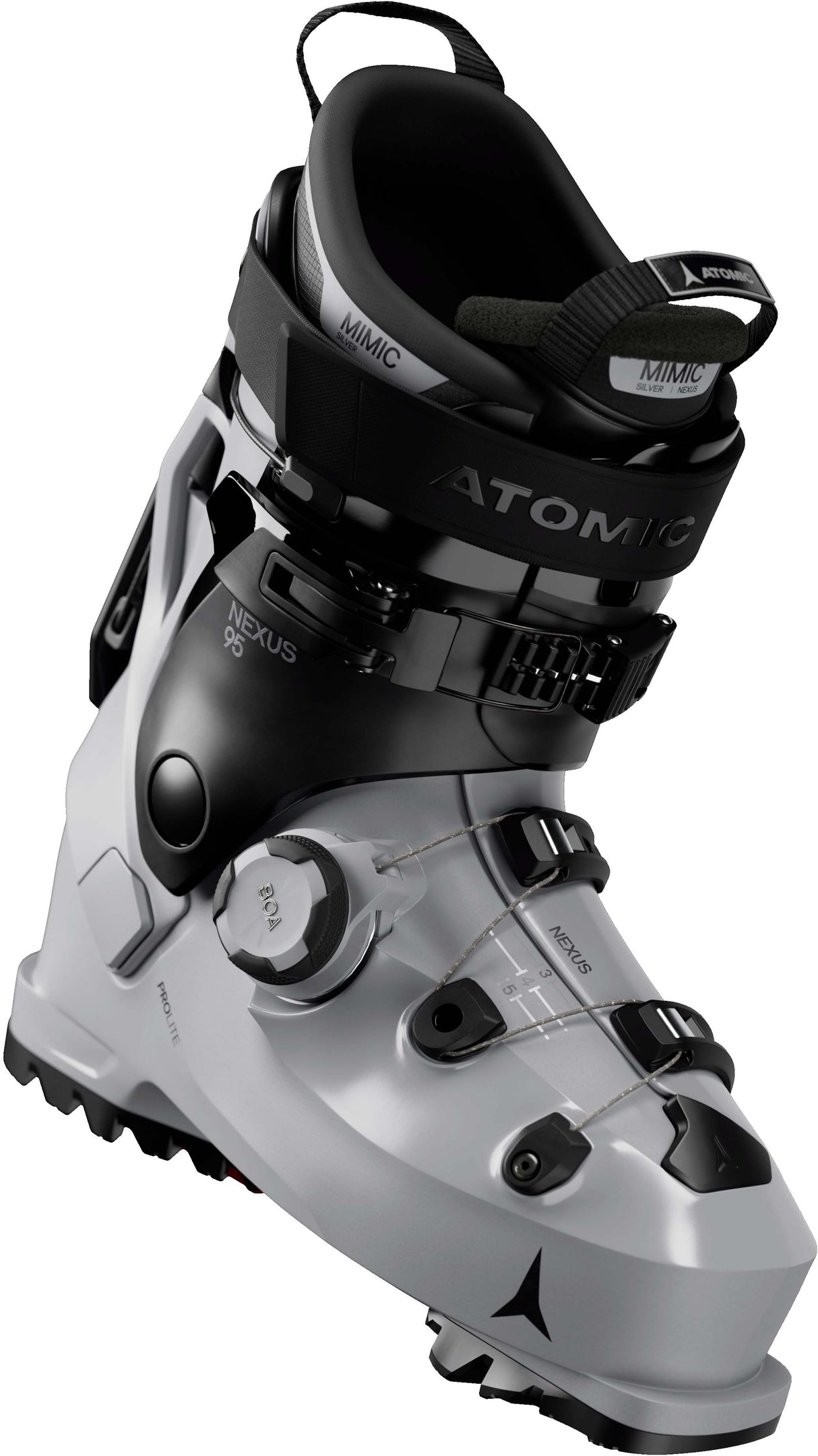 WNexus95BOA- Grey and black Atomic ski boot on a white background