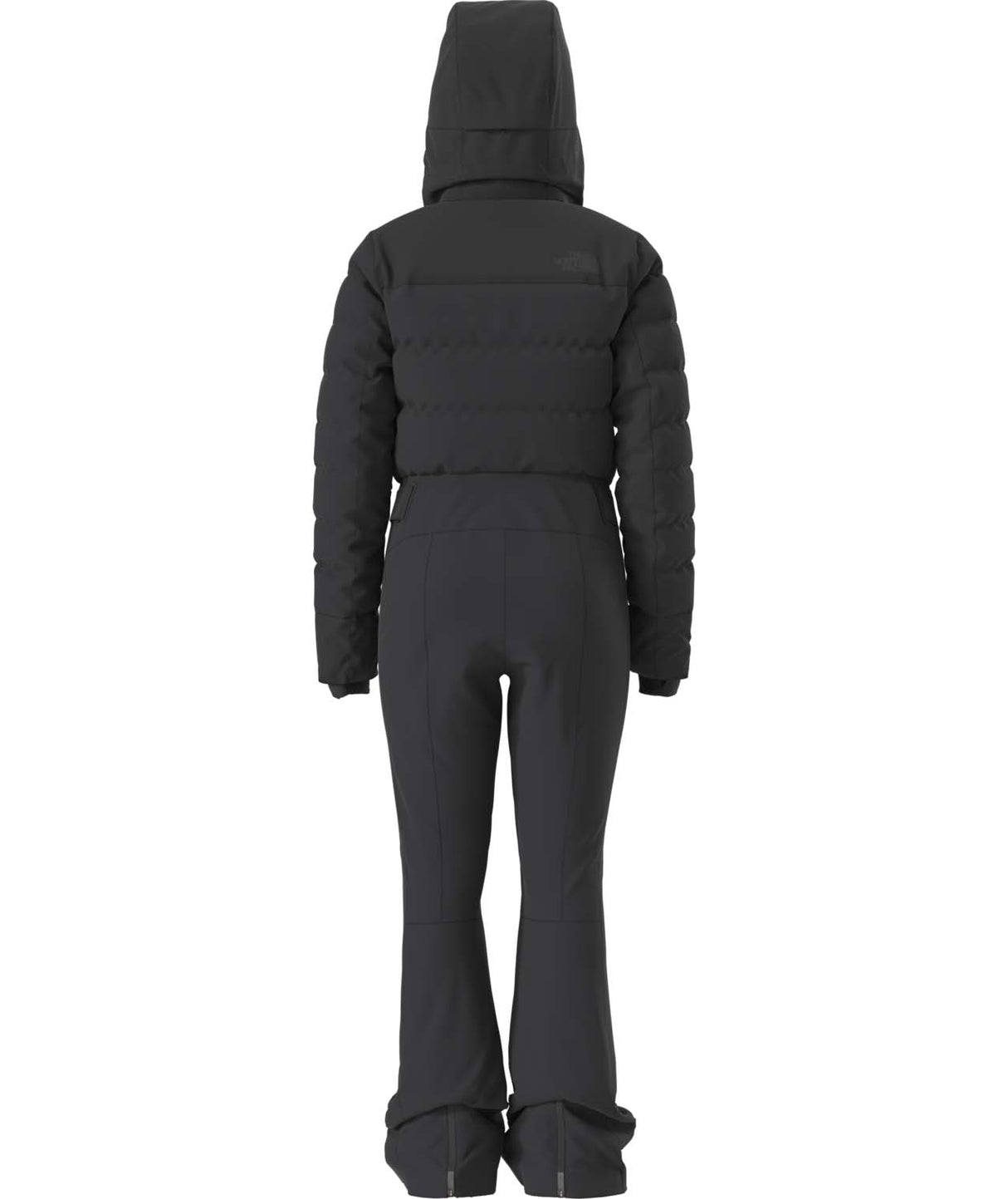 WOffTheClockOne-Piece-Black winter jumpsuit with hood on a white background