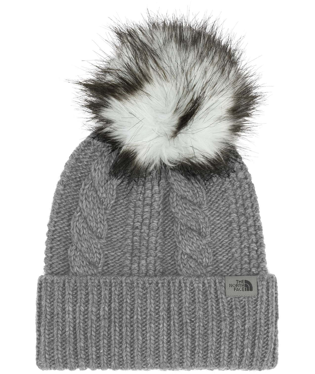 WOhMegaFurPomBeanie-Gray knit beanie with a faux fur pom-pom on a white background