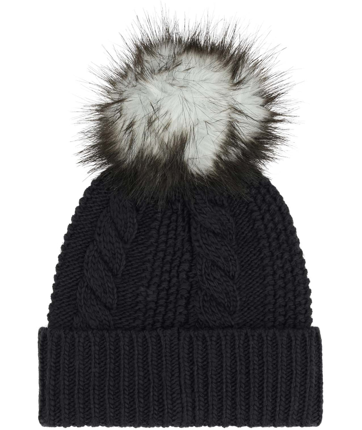 WOhMegaFurPomBeanie-Black knit beanie with a fur pom-pom on a white background