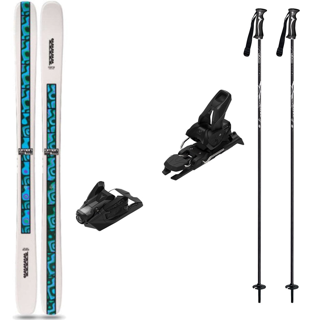 WOmen90w_Strive12-A ski package set featuring a white ski with blue and black patterns, black ski bindings, and black ski poles on a white background.