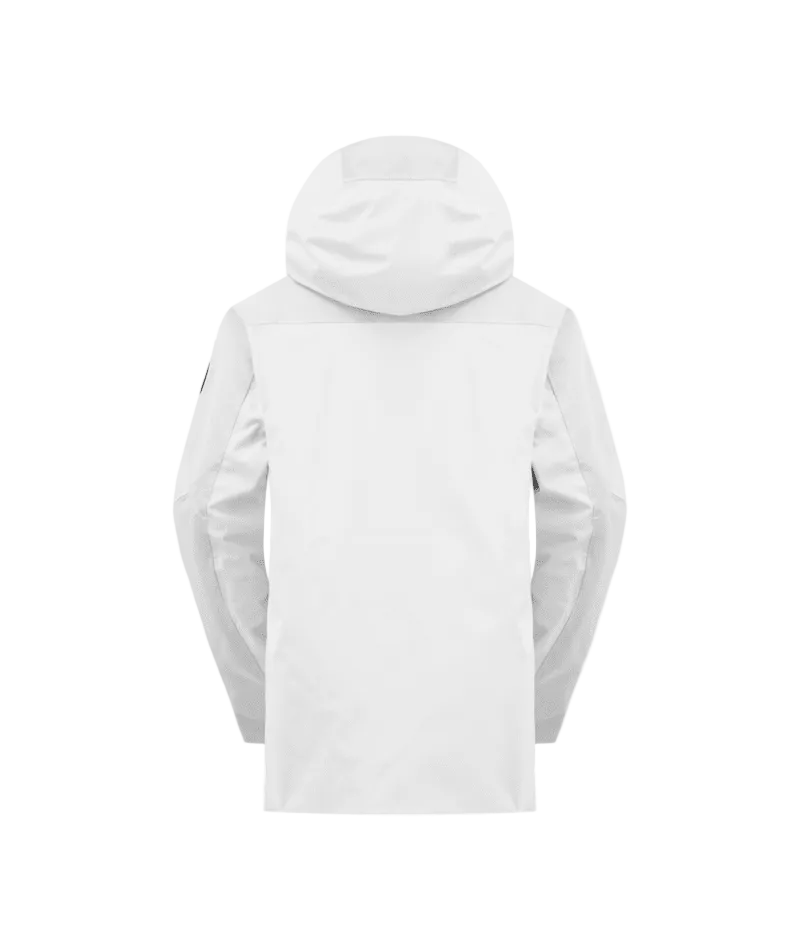 WOrakoonJacket-A white ski jacket with black zippers, black trim, and small blue accents on the chest and sleeves, shown against a plain white background.