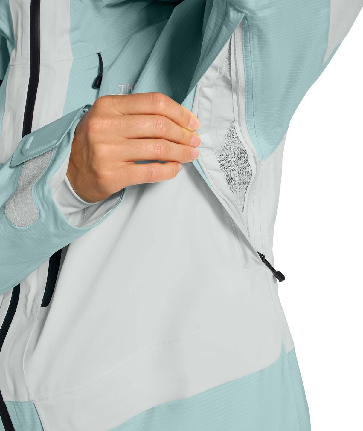 WPowstarJacket-Person wearing a light blue jacket with The North Face logo on a white background
