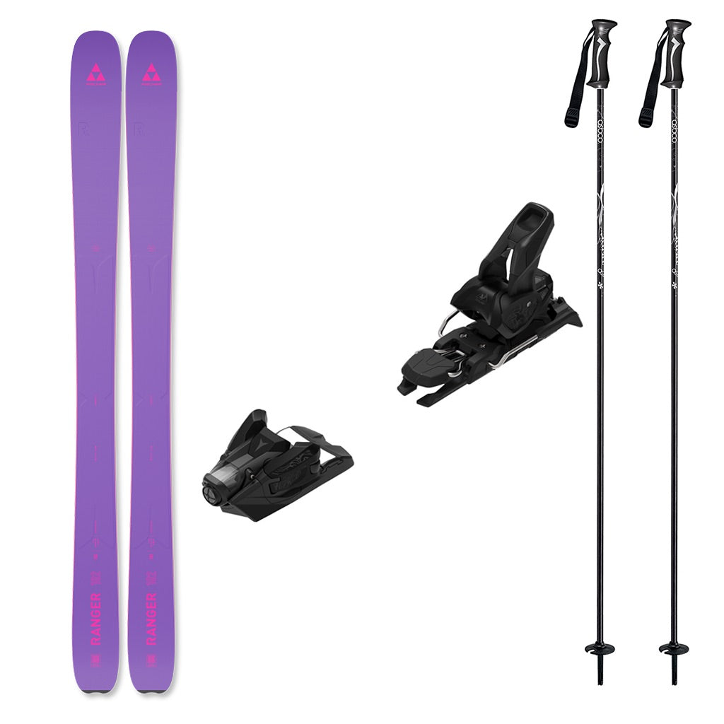 WRanger102w_Strive12-A ski equipment set on a plain white background, including a pair of purple skis, two black ski bindings, and two black ski poles with white branding.