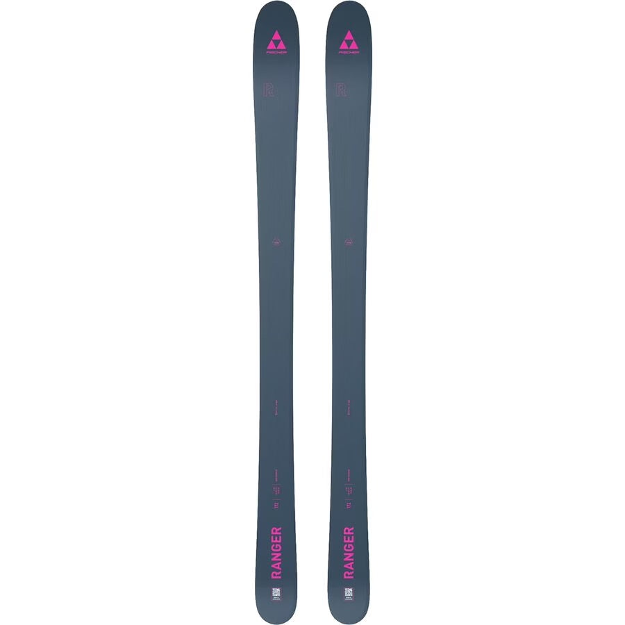 WRanger90- A pair of Fischer Ranger skis in a dark slate blue-gray color, featuring bright pink branding and text on the base, shown against a solid white background.