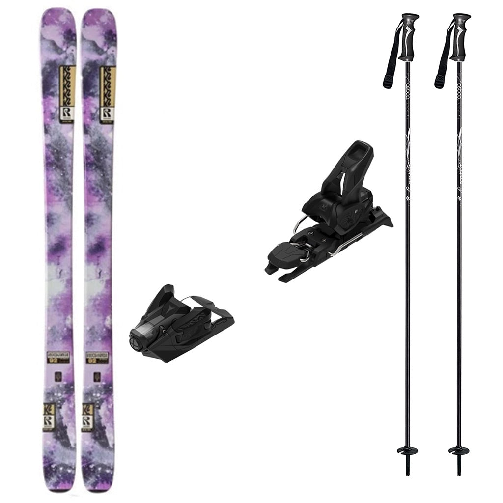 WReckoner92w_Strive12-A ski equipment set on a white background, including a pair of purple and gray marbled skis with black bindings, and two black ski poles.