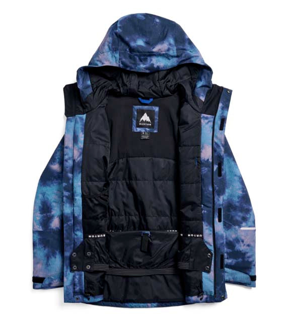 WReserve2LInsulatedStretchSlimJacket-Blue tie-dye jacket with a brand logo on a white background