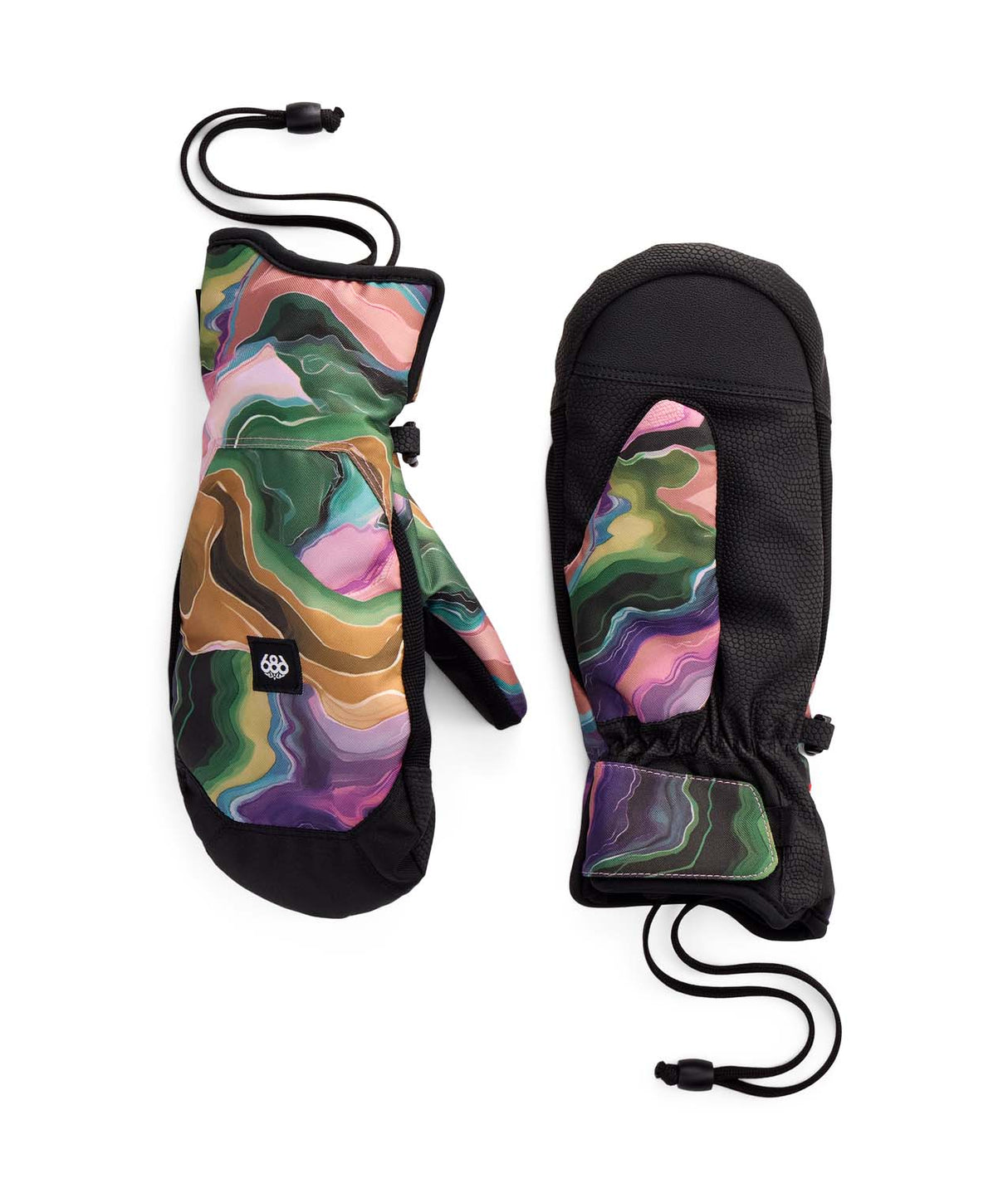WRevelMitt-Colorful patterned mittens with black accents on a white background