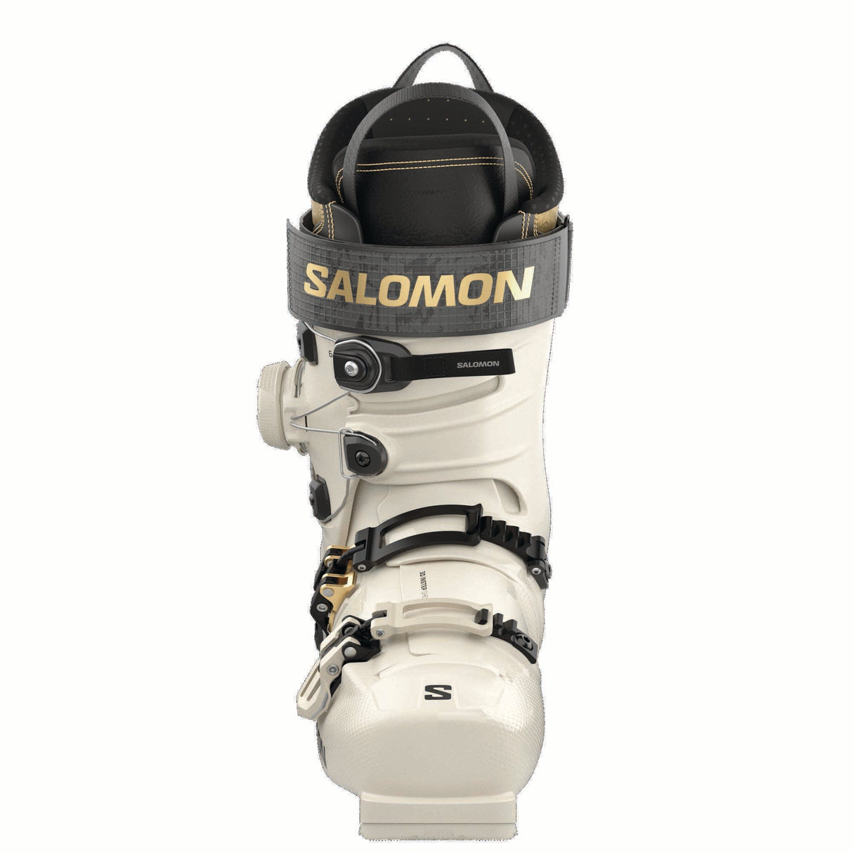 WSPROALPHACBOA105- White ski boot with black and gold accents on a white background
