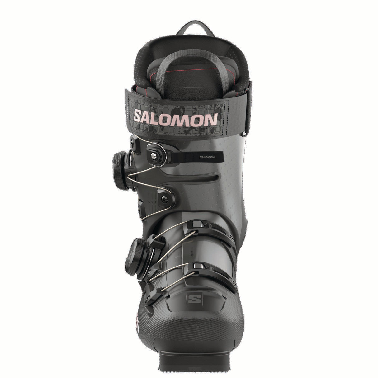 WSPROSUPRADUALBOA115- Black Salomon ski boot with pink accents on a white background