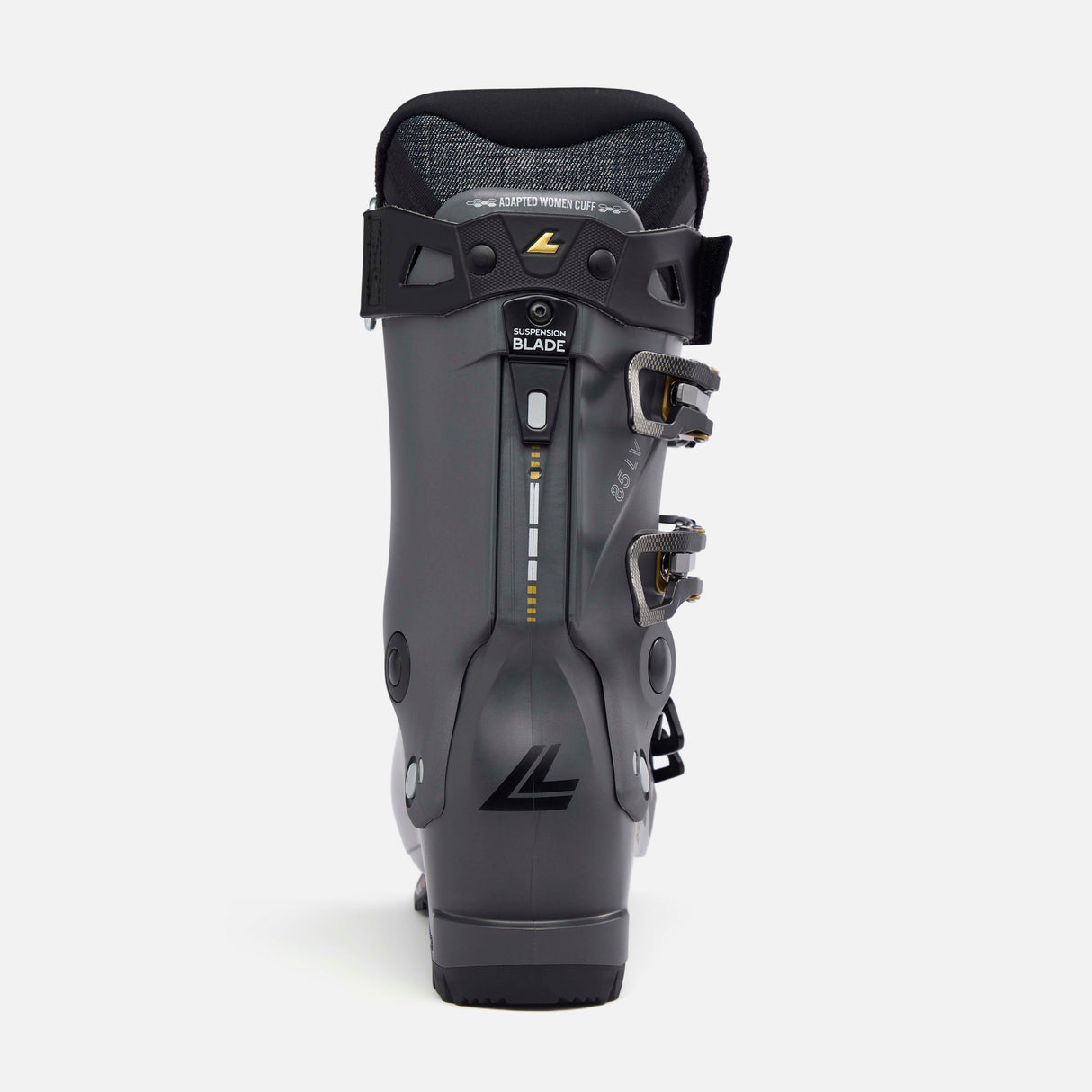 WShadowLV85- Grey, black, and gold ski boot on a white background