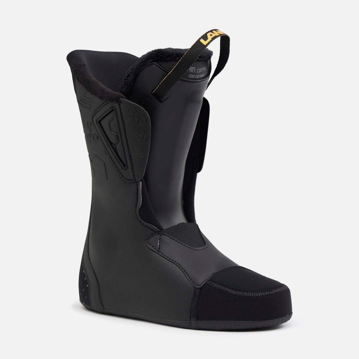 WShadowMV85- Grey, black, and gold ski boot on a white background