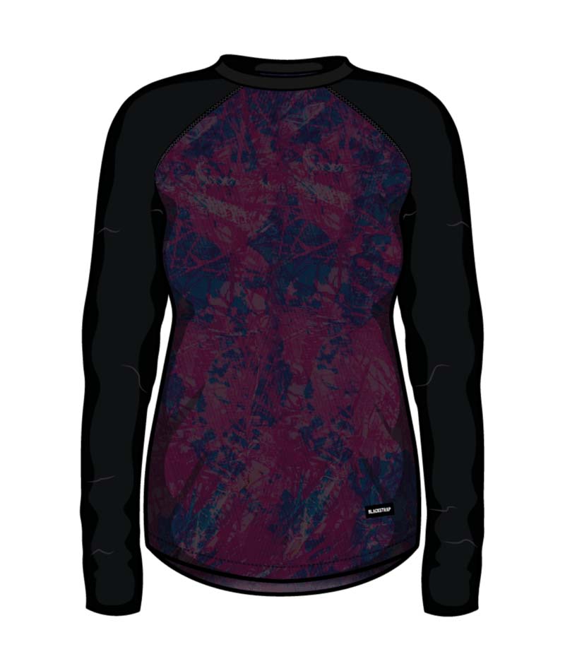 WSkylinerCrewneck-Black long-sleeve shirt with a purple and blue pattern on a white background
