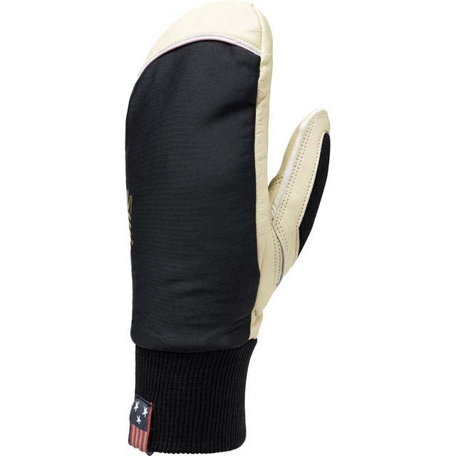 WSoloMitt- A single winter mitten shown in side profile on a plain white background. The mitten has a black knit cuff, a black main body panel, and cream-colored panels on the back of the hand and top.
