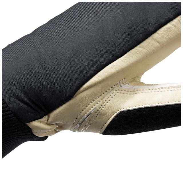 WSoloMitt- A single winter mitten shown in side profile on a plain white background. The mitten has a black knit cuff, a black main body panel, and cream-colored panels on the back of the hand and top.