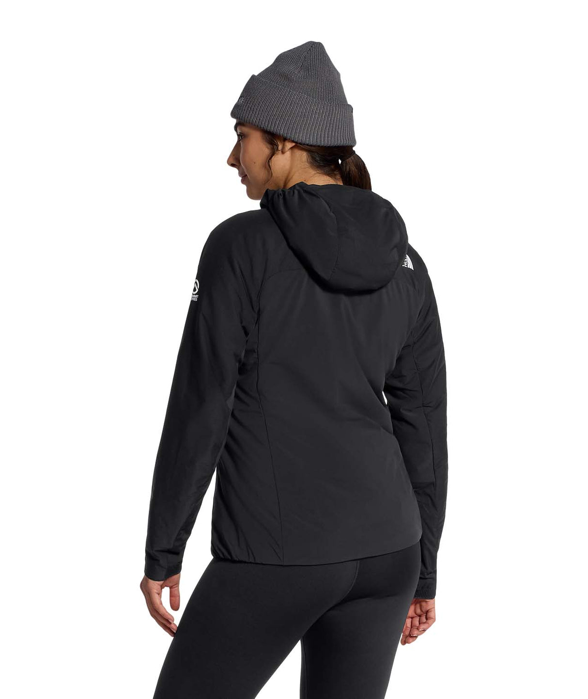 WSummitCasavalHoodie-Person wearing a black jacket with a brand logo on a white background