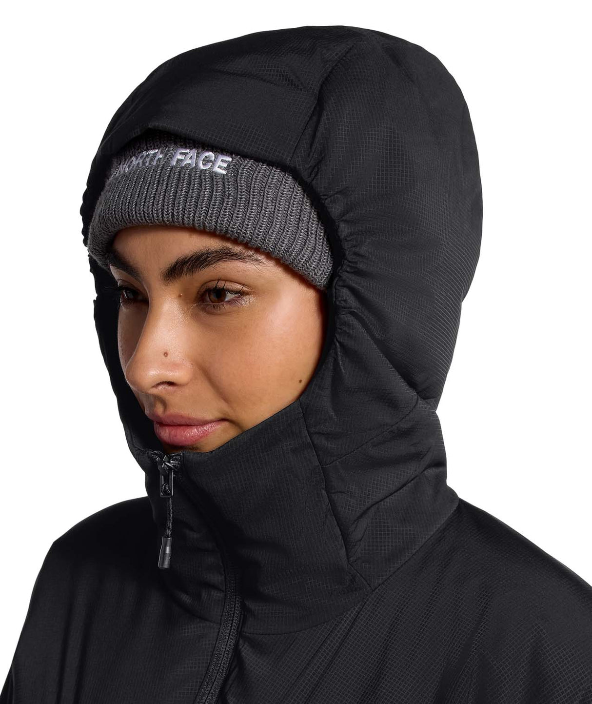 WSummitCasavalHoodie-Person wearing a black hooded jacket with a gray knit beanie on a white background