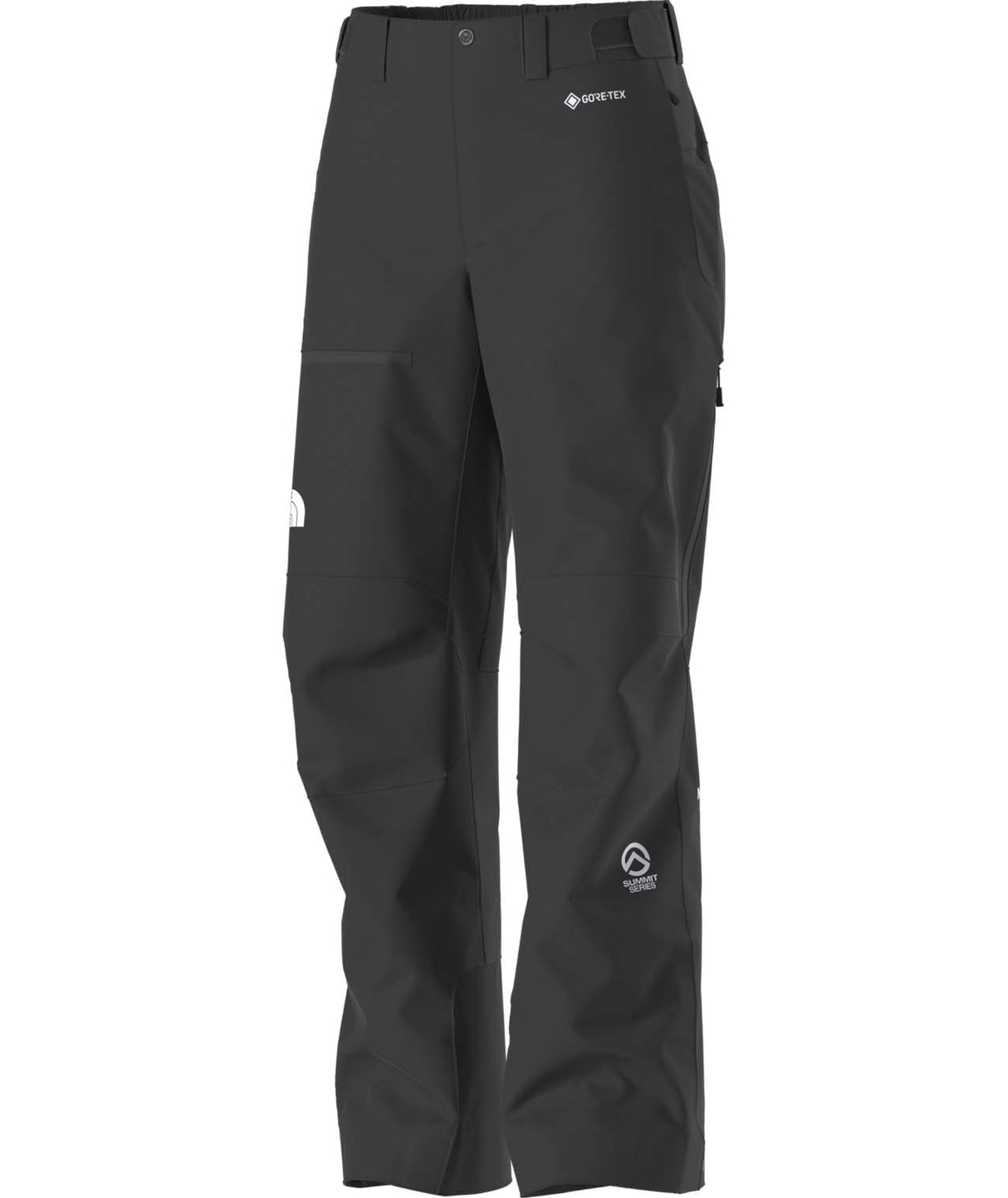 WSummitEastwallGTXPant-Black pants with brand logos on a white background