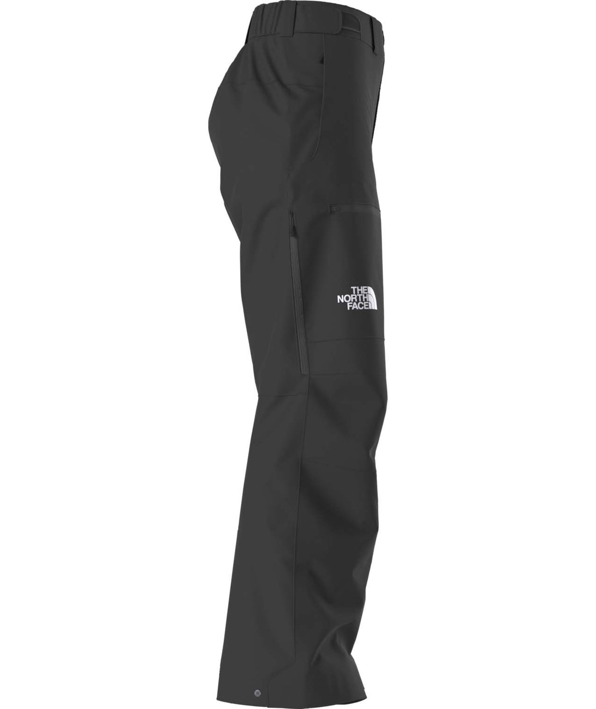 WSummitEastwallGTXPant-Black pants with brand logos on a white background