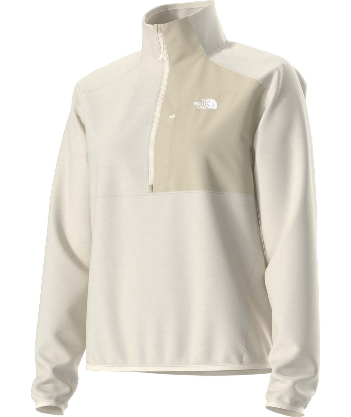 WTNFPerformanceFleece1_4Zip- Beige half-zip pullover with The North Face logo on a white background