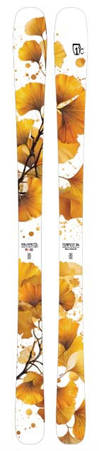 WTempest94- White skis with a yellow floral pattern on the topsheet on a white background