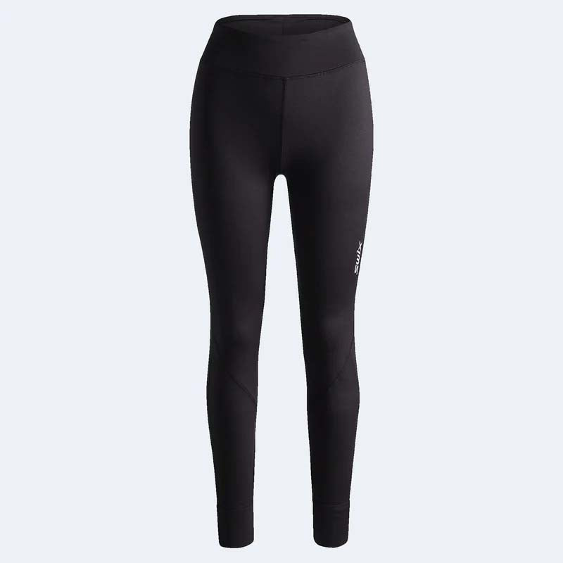 WTistaMidlayerTights- Black high-waisted athletic leggings with a small white vertical logo on the left leg, displayed on a light gray background.