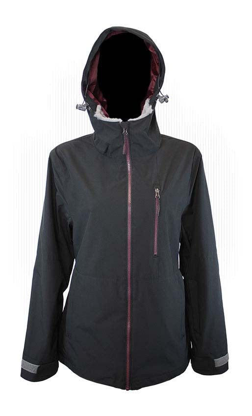 WTreelineShellJacket- Black jacket with a hood on a white background