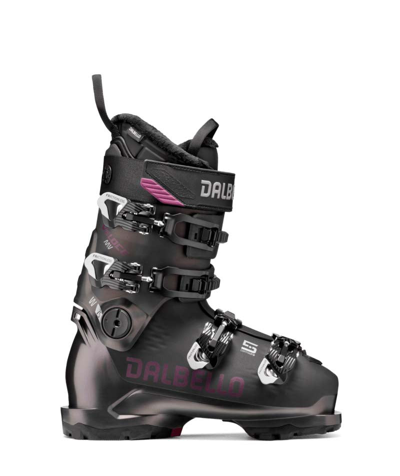 Veloce75MVW-Black ski boot with visible branding on a white background