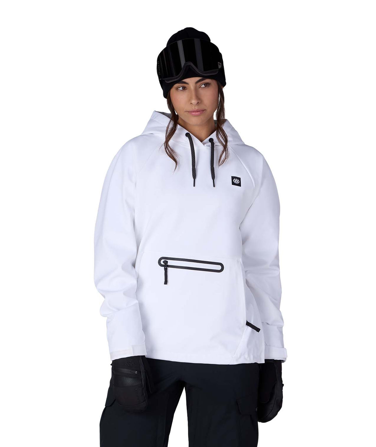 WWaterproofHoody-Person wearing a white hoodie with black accents on a white background