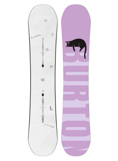 WYeasayerFlyingVSnowboard- Two views of a snowboard, topsheet is white and the base is purple with a black cat design, on a white background.