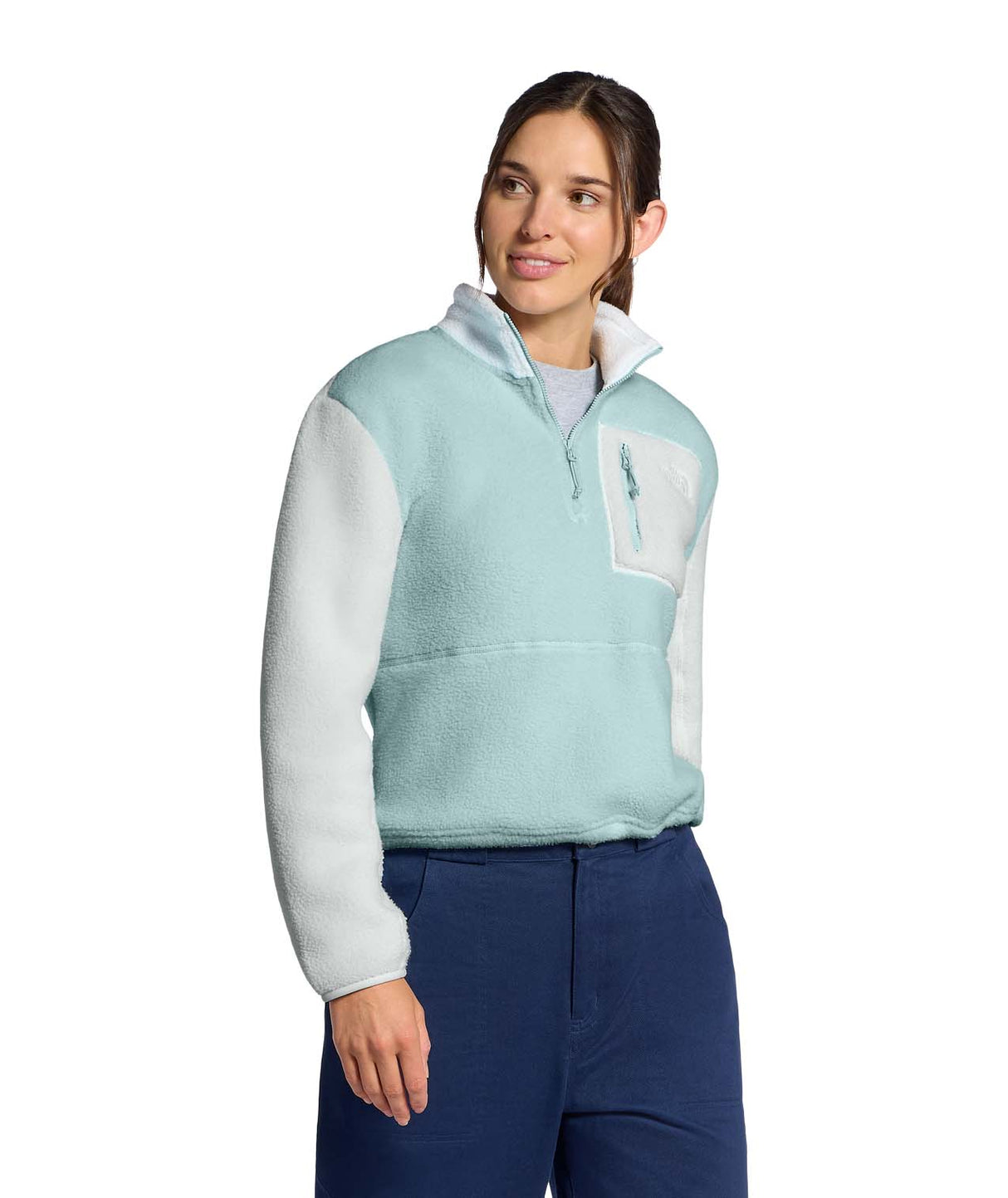 WYumiori1_4Zip-Woman wearing a light blue and white fleece pullover on a white background