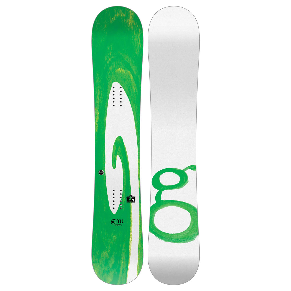 Wagyu- Two views of a snowboard with a brand logo on a white background