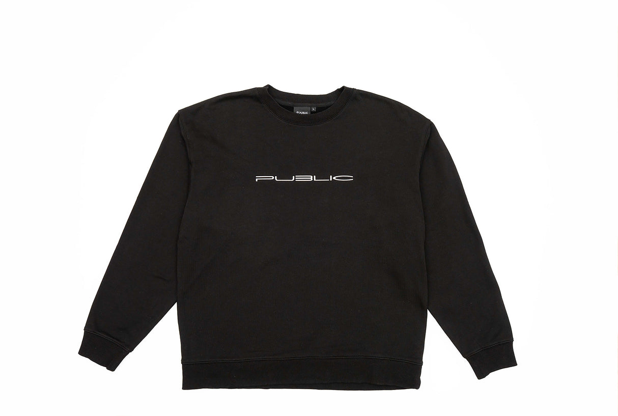 WarpCrewneck-A black crewneck sweatshirt with the word 'PUBLIC' printed in white across the chest, displayed flat against a solid white background.