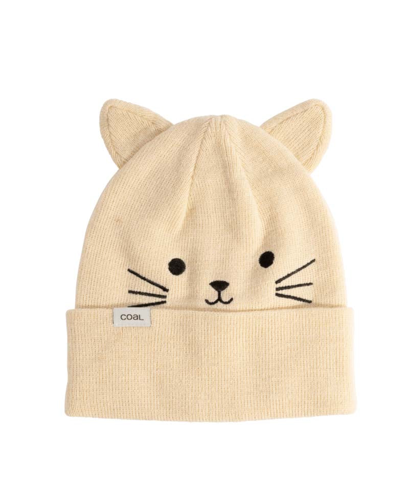 Wildlings-Beige cat-themed beanie with ears and facial features on a white background