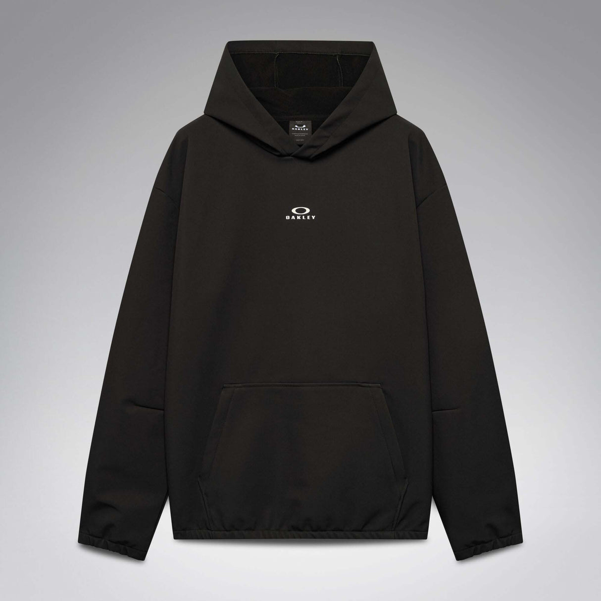 WintertideScratchedHoodie-A black pullover hoodie with a small white Oakley logo on the left chest, displayed against a neutral gray gradient background.