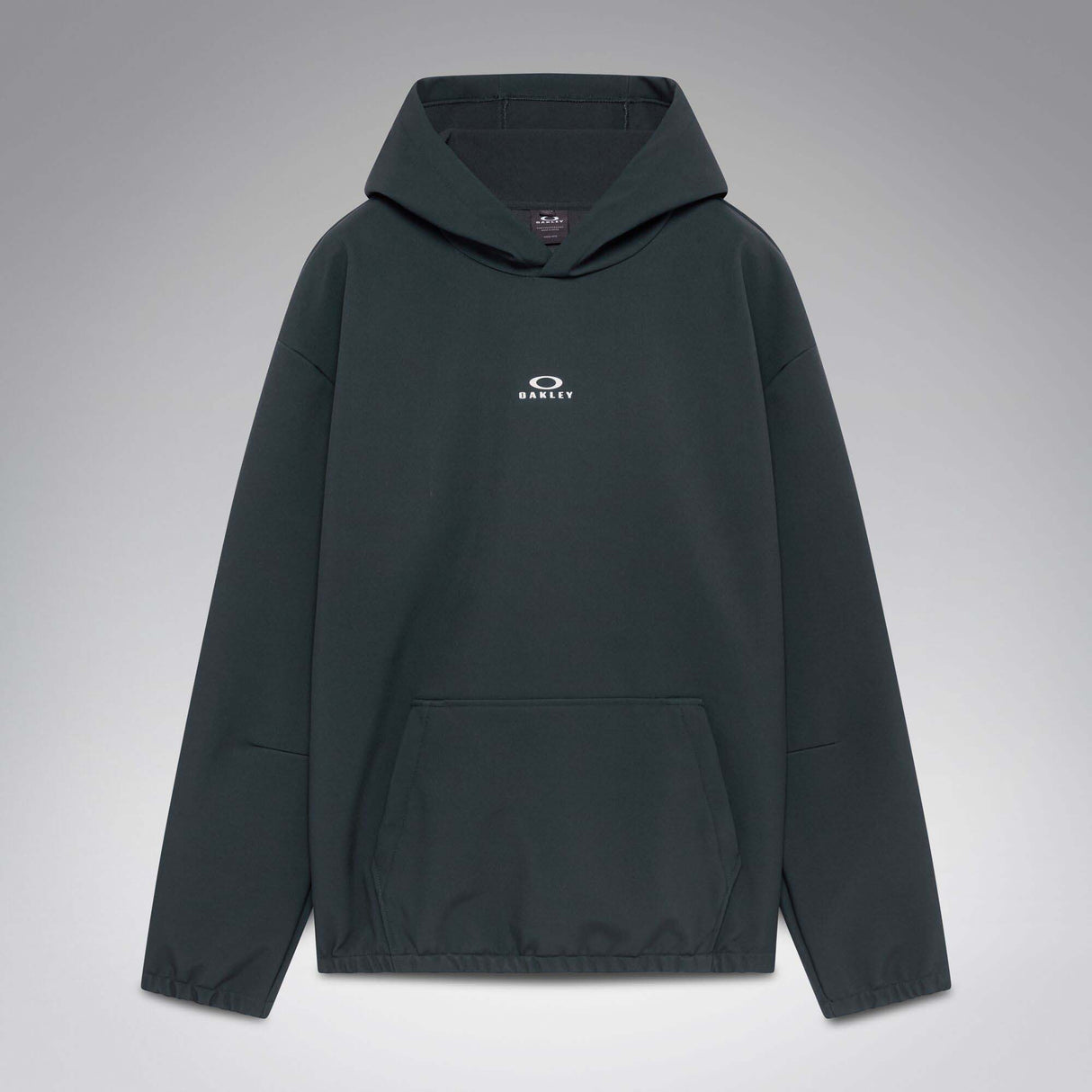 WintertideScratchedHoodie-A dark charcoal gray hooded sweatshirt with a small white Oakley logo on the left chest, displayed against a neutral gray gradient background.