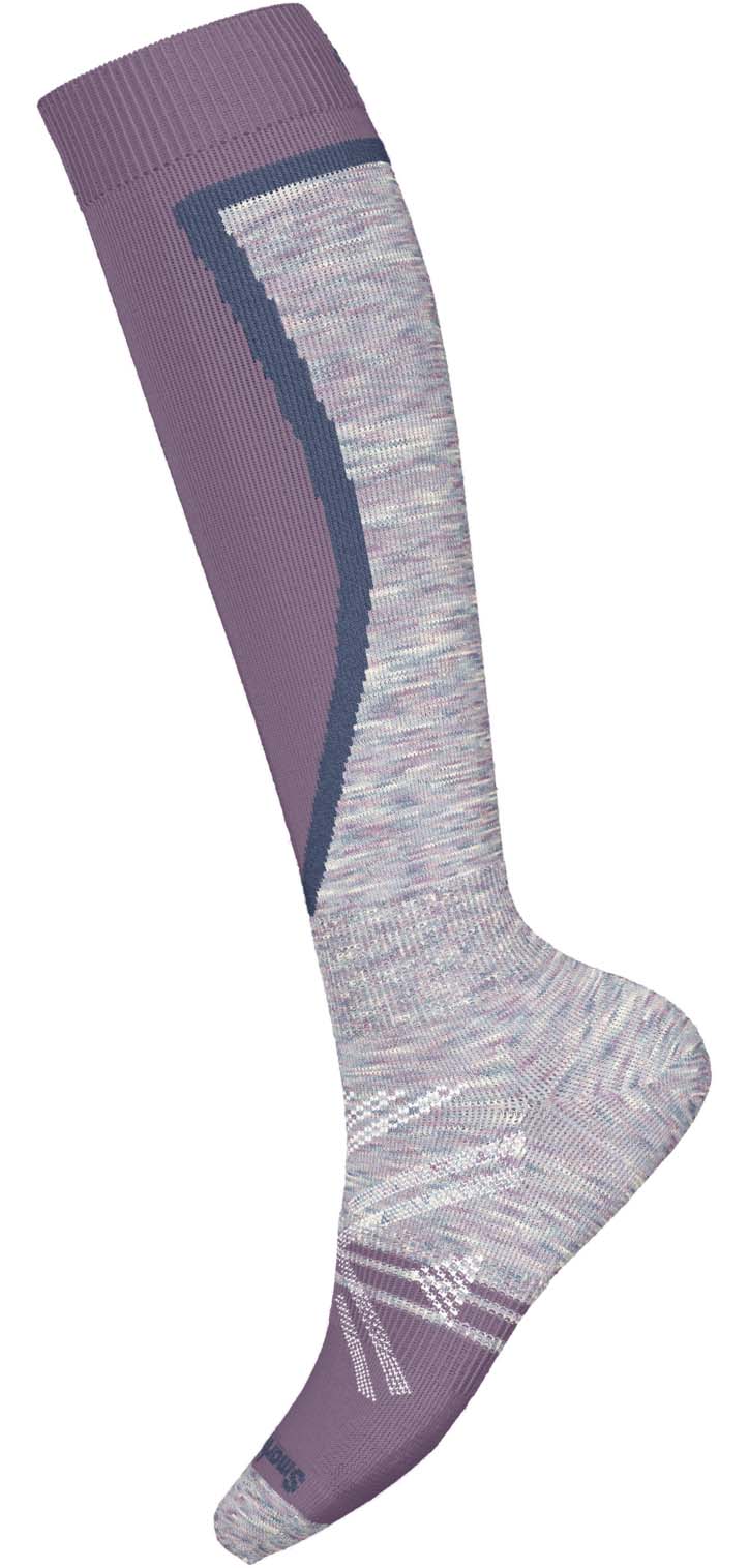 WSkiFullCushionOTCSocks-Knee-high sock with purple and gray pattern on a white background