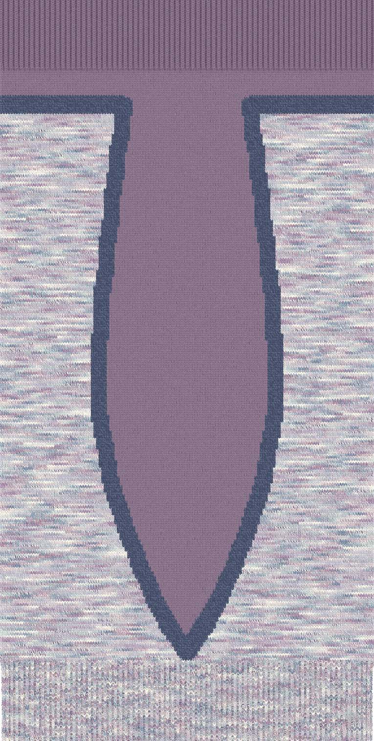 WSkiFullCushionOTCSocks-Close-up of a purple and gray patterned fabric with a prominent 'V' shape.