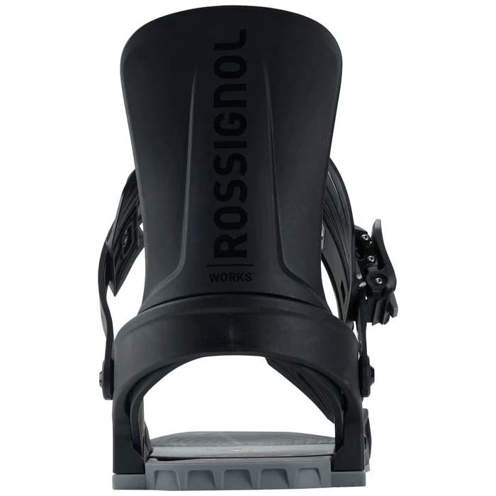 WorksSnowboardBinding- Rossignol two strap snowboard binding displayed on a white background